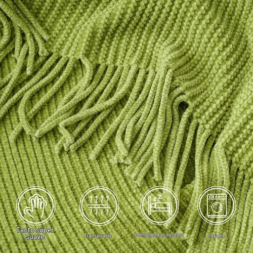 Vista 5 de BATTILO HOME Manta verde manzana para sofá, suave manta de punto de chenilla con borlas para la decoración del hogar, manta verde primavera