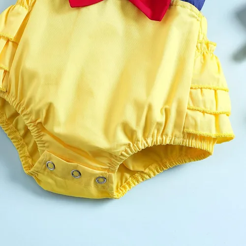 Vista 7 de Gaono Mameluco de princesa para recién nacido, con cuentos de hadas, para cumpleaños, con volantes, sin mangas, con lazo y diadema