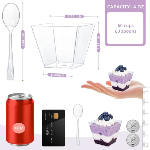 Vista 2 de HOMIP 60Pack 4oz Plastic Dessert Cups with Spoons (No lids), Parfait Cups Mini vasos cuadrados de plástico transparente para yogur, parfaits, pudín