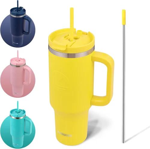 Vista 25 de FAHRMOSIS Vaso de 40 onzas con asa y pajita, taza aislada que cabe en el portavasos para bebidas frías y calientes, vaso a prueba de fugas