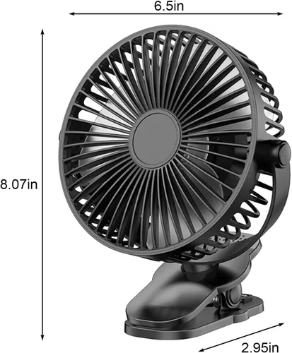 Vista 2 de Ventilador compacto con clip, ventilador portátil recargable de 6 pulgadas para exteriores, asiento de automóvil, gimnasio, color negro
