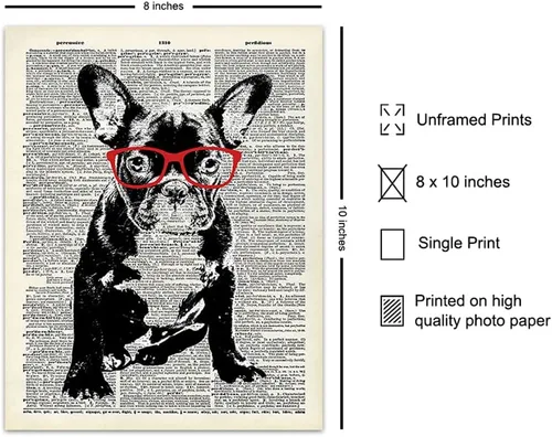 Vista 2 de Bulldog francés con gafas rojas, impresión artística de diccionario, impresión fotográfica de 8 x 10 pulgadas, decoración genial para el hogar