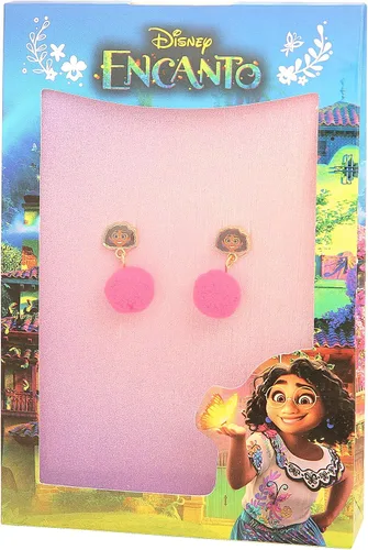 Vista 6 de Disney Pendientes Encanto - Aretes Mirabel con pompones rosados - Aretes de Disney para niñas, Metal, No es una piedra preciosa