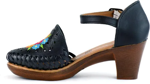 Vista 3 de Zapatos Mexicanos de Piel con Flores Bordadas, con Tacones para Mujer - Modelo 102BL