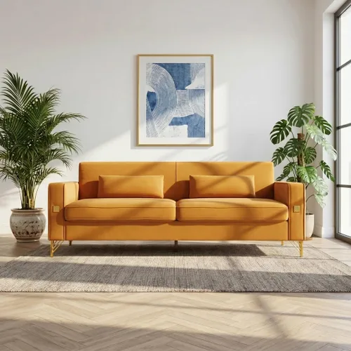 Vista 11 de Sofá de terciopelo de 85.63 pulgadas, moderno sofá biplaza con almohadas, juego de 2 para sala de estar, dormitorio, muebles de apartamento con Beige