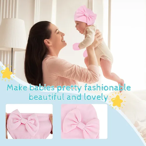 Vista 2 de Zando Gorros para bebé recién nacida con lazo grande, gorro de algodón y manoplas, gorro de invierno para niñas y niños
