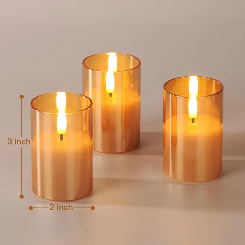 Vista 2 de Velas votivas sin llama de vidrio dorado con control remoto y temporizador, juego de 6 velas LED parpadeantes de cera real, pilar pequeño