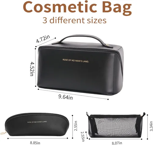 Vista 3 de 3 bolsas de maquillaje de viaje portátiles de gran capacidad para mujeres, estuche organizador de maquillaje plano abierto, bolsa organizadora