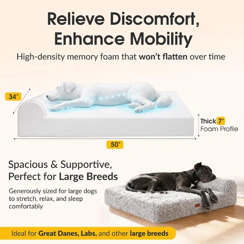 Vista 13 de KOPEKS Cama ortopédica de espuma viscoelástica para perros de 7 pulgadas de grosor, cama extragrande para perros con almohada, color marrón, 50 x 34