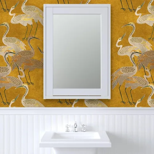 Vista 9 de Spoonflower Papel tapiz para despegar y pegar - Grúas Art Deco Golden Birds Gold Oriental Texture Silver Papel pintado extraíble personalizado