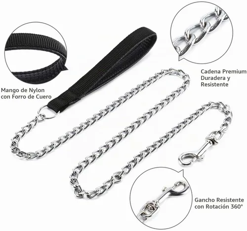 Vista 5 de Correa de cadena de metal chapado en cromo con mango acolchado suave para perros pequeños (S, mango negro)