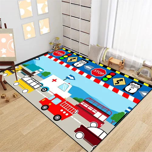 Vista 14 de Alfombra de construcción – Alfombras de construcción para habitación de niños, divertido diseño de camión de dibujos animados, alfombra de coche
