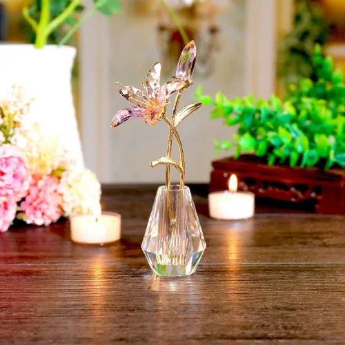 Vista 3 de Flores de lirio de tigre de cristal con jarrón de cristal, tallo de metal, lirio rosa, regalos coleccionables para mujeres, figuras florales