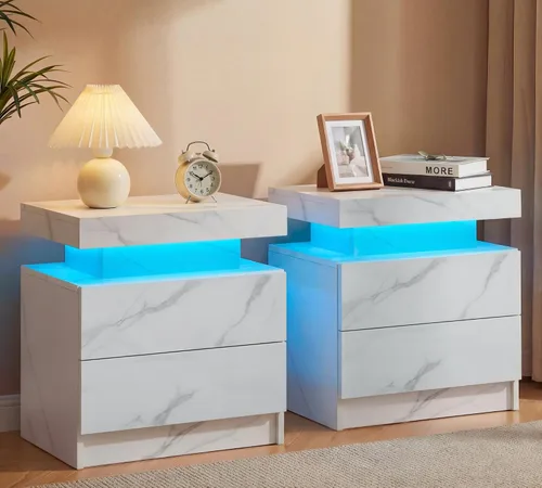 Vista 9 de Generic Juego de 2 Mesitas de noche con 2 cajones, mesa de noche con cajones para muebles de dormitorio, mesa auxiliar con luz LED, color negro