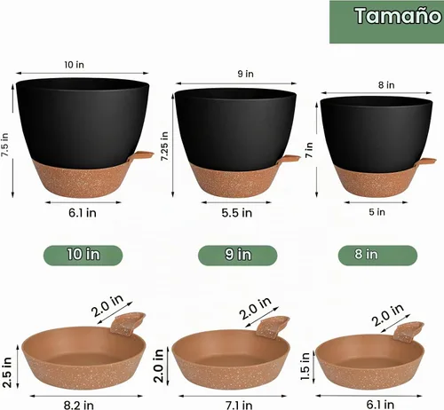Vista 2 de Vanslogreen Macetas para plantas de interior, paquete de 3, macetas de riego automático de 10/9/8 pulgadas con orificio de drenaje, macetas grandes