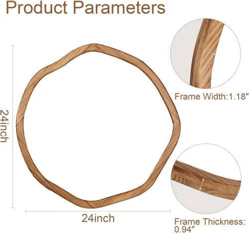Vista 6 de ULIKE Espejo redondo de madera, espejo de pared circular irregular de 24 pulgadas con marco de madera, soporte de pared decorativo rústico