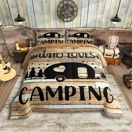 Vista 28 de Juego de ropa de cama con temática de cámper, juego de edredón de cabaña de madera marrón y verde, tamaño matrimonial, 3 piezas, decoración de Multi