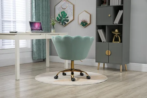 Vista 7 de Silla cómoda de oficina en casa con ruedas, linda silla de escritorio ajustable de terciopelo con respaldo de concha marina moderna giratoria