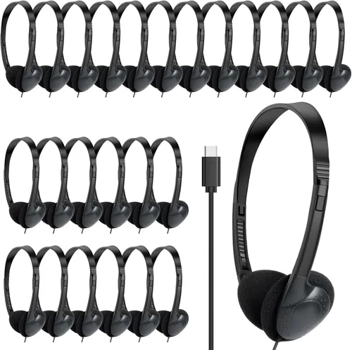 Vista 9 de Paquete de 10 auriculares USB tipo C a granel para el aula, niños y escuelas, con cable