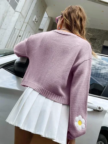 Vista 5 de Cárdigan Y2K para mujer, de manga larga, parte delantera abierta, recortado, cárdigan de punto floral, estético de los años 90, trajes de regreso a