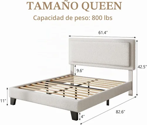 Vista 2 de Base de cama tamaño Queen, plataforma Boucle con cabecera tapizada ajustable, no necesita somier, fácil montaje, color blanco