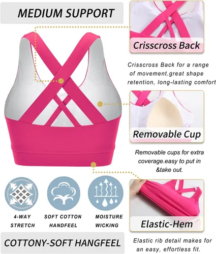 Vista 4 de RUNNING GIRL Sports Bra for Women, Criss-Cross Back Padded Strappy Sports Bras Medium Support Yoga Bra with Removable Cups