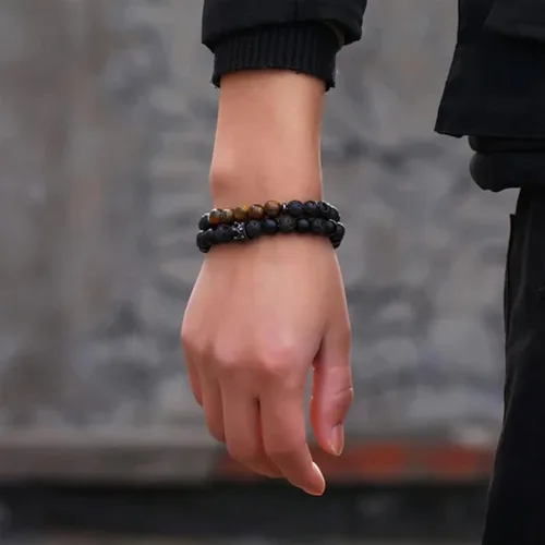 Vista 7 de RANKEEF - Pulsera de ojo de tigre para hombre, elástica, ajustable, cuentas de vidrio color negro, 516 de pulgada