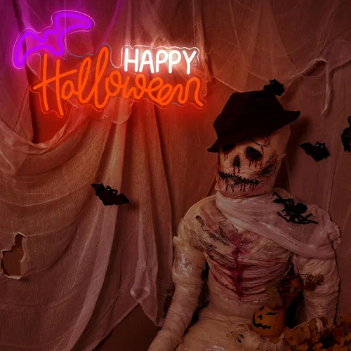 Vista 6 de Treela Letrero de neón de Halloween para decoración de pared, luces LED de neón para ventana, funciona con USB, murciélago iluminado para pared