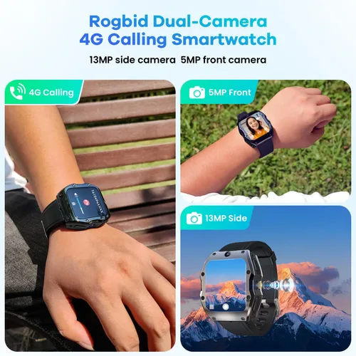 Vista 2 de Rogbid Model X Global 4G LTE SmartWatches - Teléfono para hombres con cámara dual de 13MP+5MP de cerámica con tarjeta SIM, monitor de sueño