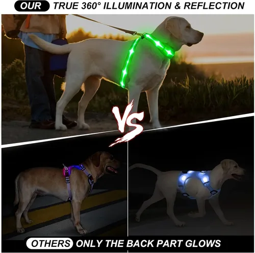 Vista 3 de Arnés de chaleco para perro con luz LED, recargable, ajustable y reflectante, arnés con luz LED brillante y oscura, para caminar de seguridad Verde