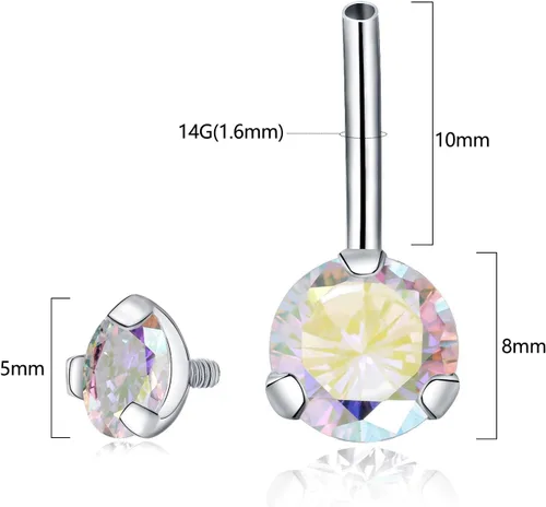 Vista 2 de PEAKLINK Piercing de ombligo de titanio de 0.45 oz, joyería para el ombligo, barra de ombligo roscada internamente con doble circonita cúbica