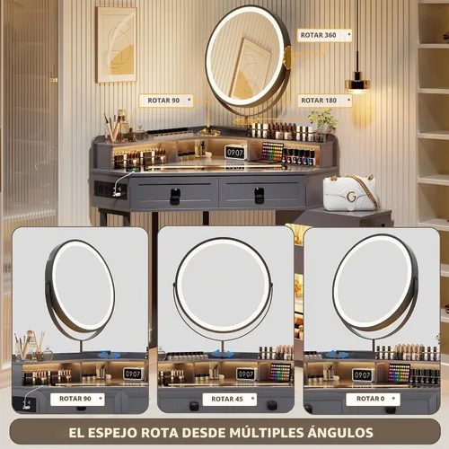 Vista 7 de FREDEES - Vanidad de maquillaje con espejo y luces Corner Makeup Desk with Drawers and Shelves, Vanity Table with Charging Station and Stool for