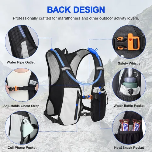 Vista 3 de KUYOU Running Hydration Vest - Lightweight Insulated Hydration Backpack with 2L Water Bladder, Adjustable Chest Straps and Reflective Water Backpack