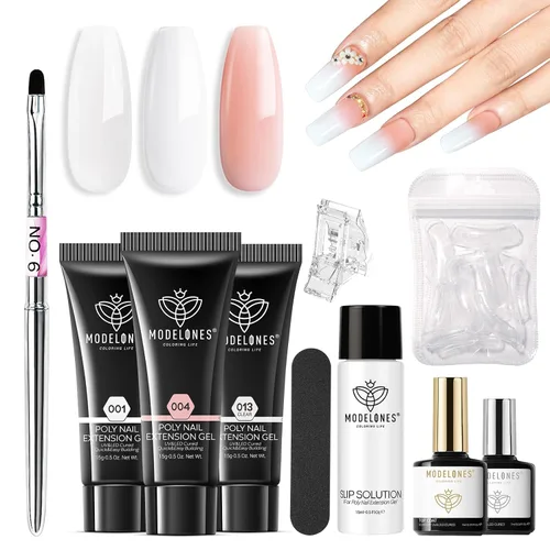 Vista 14 de Modelones Kit de uñas de polygel de 133 piezas, kit de gel para extensiones de uñas de 32 colores en primavera rosa pastel con lámpara de uñas, capa