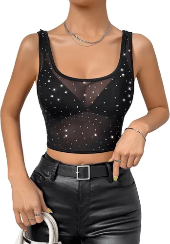 Vista 6 de Floerns Camiseta corta sin mangas de malla transparente con cuello redondo y diamantes de imitación para mujer