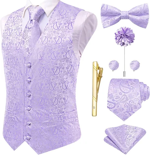 Vista 8 de Hi-Tie Chaleco de traje de seda para hombre, corbata y corbatín de solapa, clip de corbata dorado, chaleco floral de cachemira, 8 piezas, conjunto