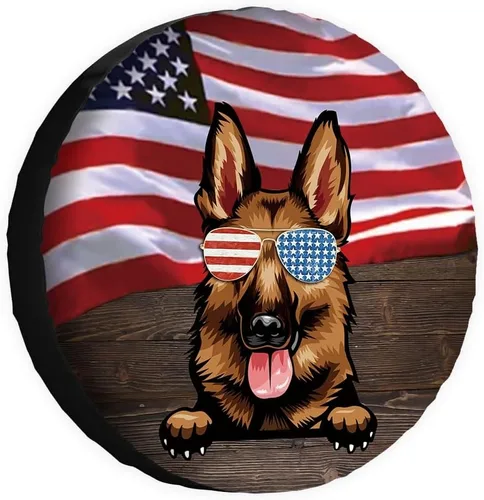 Vista 21 de Cubierta de llanta de repuesto para perro, lapphund finlandés con gafas de sol, bandera estadounidense, fundas protectoras de ruedas a prueba