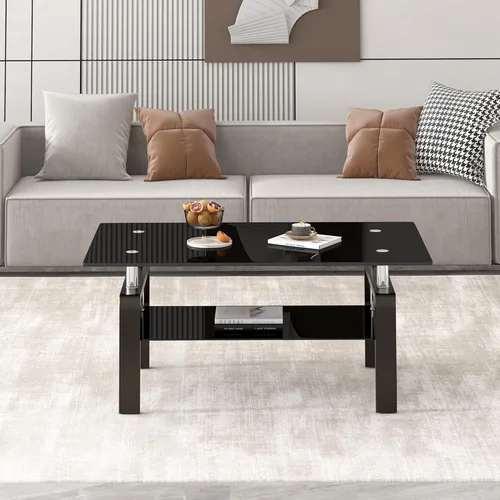 Vista 4 de Mesa de centro moderna de vidrio, mesas de té de vidrio templado negro de 2 niveles para sala de estar, rectangular de 39.4 x 23.7 x 17.72 pulgadas