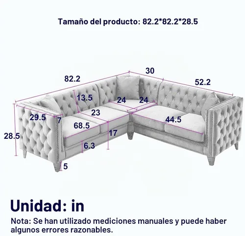 Vista 2 de Antetek Sofás en forma de L para sala de estar, moderno sofá de terciopelo con botones y reposabrazos cuadrados incrustados con cabezas de uñas Negro