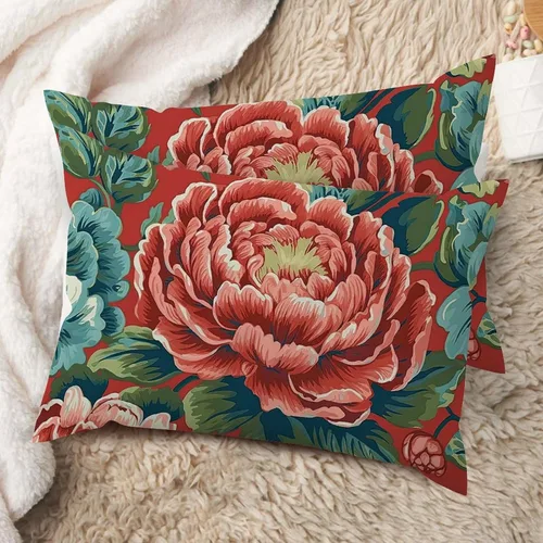 Vista 67 de Juego de 2 almohadas coloridas de estilo chinoiserie, color rosa intenso, azul real, peonía, floral, blanco, lino, estilo chinoiserie, para sofá