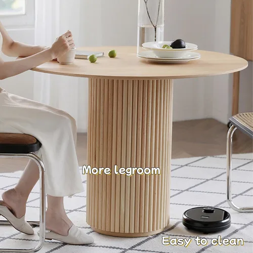 Vista 6 de Mesa de comedor de madera moderna de mediados de siglo, pequeñas mesas de cocina redondas de madera con patas de madera, mesa de comedor redonda
