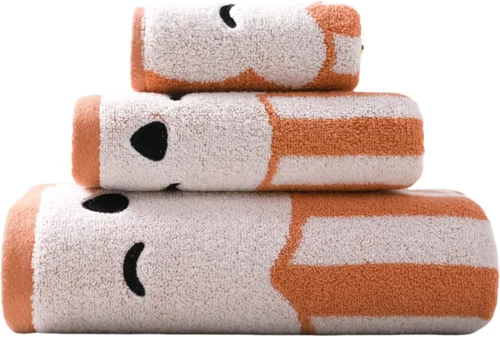 Vista 10 de Juego de 3 toallas de baño de alta calidad para niños (oso travieso), 1 toalla de baño, 1 toalla de mano, 1 toallita, secado rápido, 100% algodón