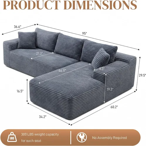 Vista 2 de Sofás seccionales sin hueso en forma de L de 95 pulgadas para sala de estar, moderno y cómodo sofá modular de pana comprimida de espuma