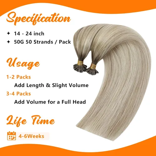 Vista 3 de Sunny Hair - Extensiones de cabello humano Remy U-tip, extensiones con puntas de queratina, ombré, rubio ceniza, balayage, rubio platinado
