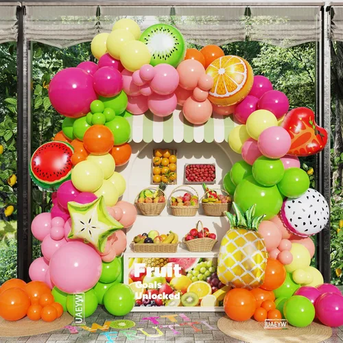 Vista 8 de Juego de arco de globos frutales Twotti de 149 piezas, globos rosa pastel amarillo verde Citrus Balloons, Watermelon Pineapple Tropical Mylar Foil