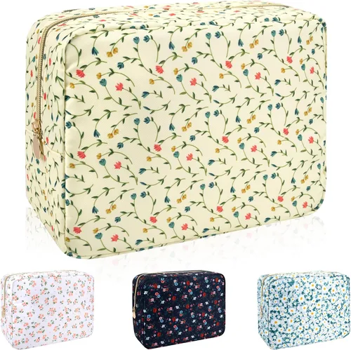 Vista 21 de Iqimott Bolsa Grande de Maquillaje de Nylon, Neceser de Viaje, Bolsa Grande de Cosméticos Preppy, Organizador de Maquillaje de Nylon, Bolsa de Beige