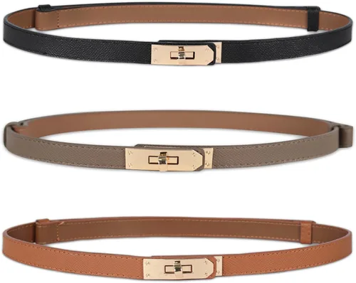 Vista 55 de Cinturón de cuero clásico con hebilla de metal para mujer con vestido de jeans