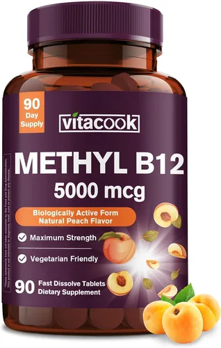 Vista 8 de Vitamina B12 sublingual, metilcobalamina 5000mcg para la producción de energía Energía, apoyo nervioso y celular, sabor natural a melocotón