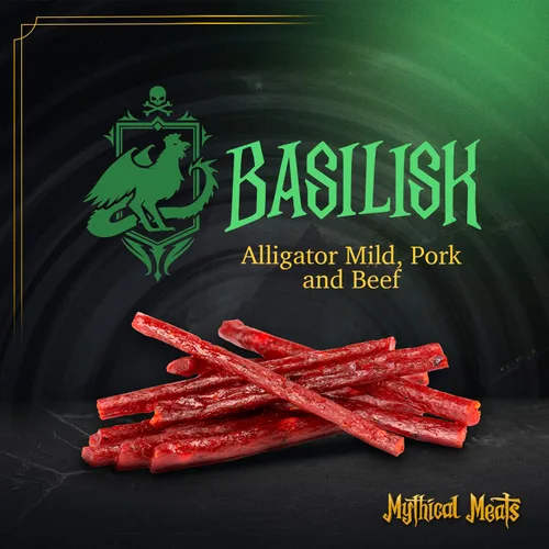 Vista 3 de Mythical Meats Sabor original (basilisco) Paquete de 12 palitos de bocadillo – Alligator suave con cerdo y carne de res – Carnes secas