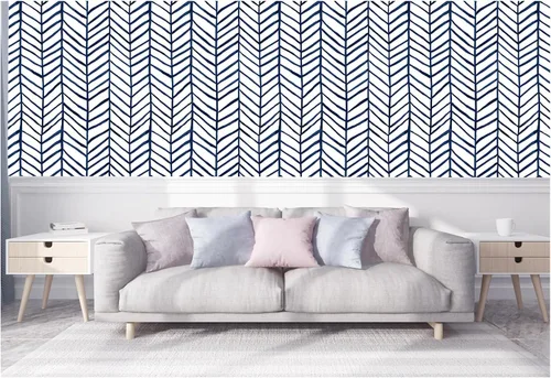 Vista 2 de HAOKHOME Papel tapiz azul marino para despegar y pegar, diseño moderno a rayas para baño, decoración extraíble de espiga de 17.7 pulgadas x 9.8 pies